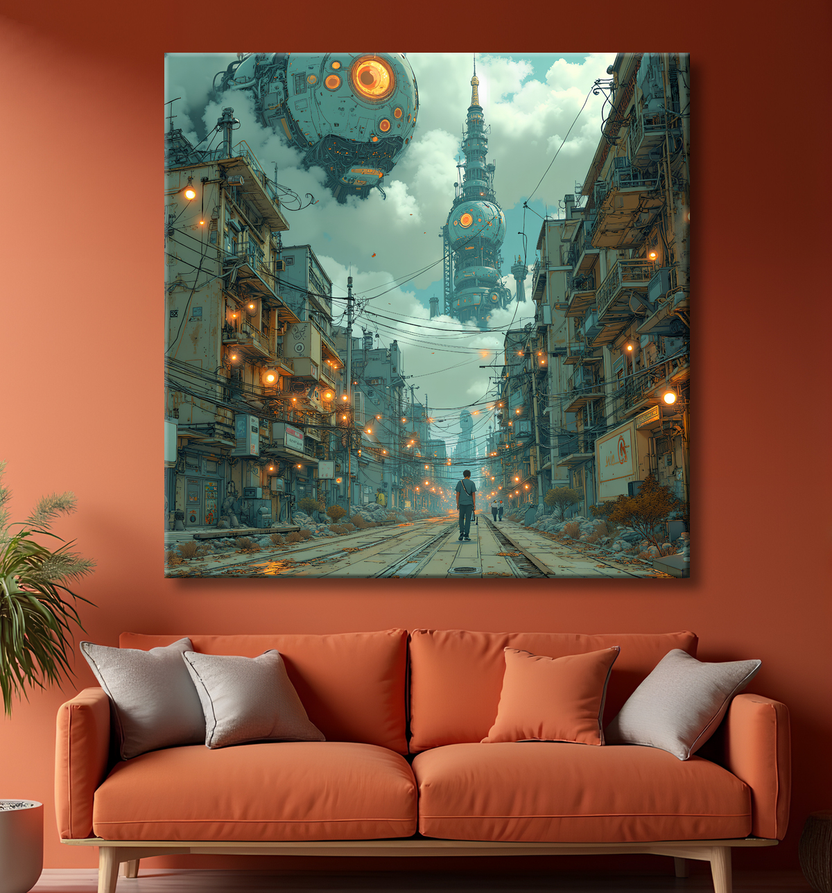 Tableau paysage urbain science-fiction avec decor