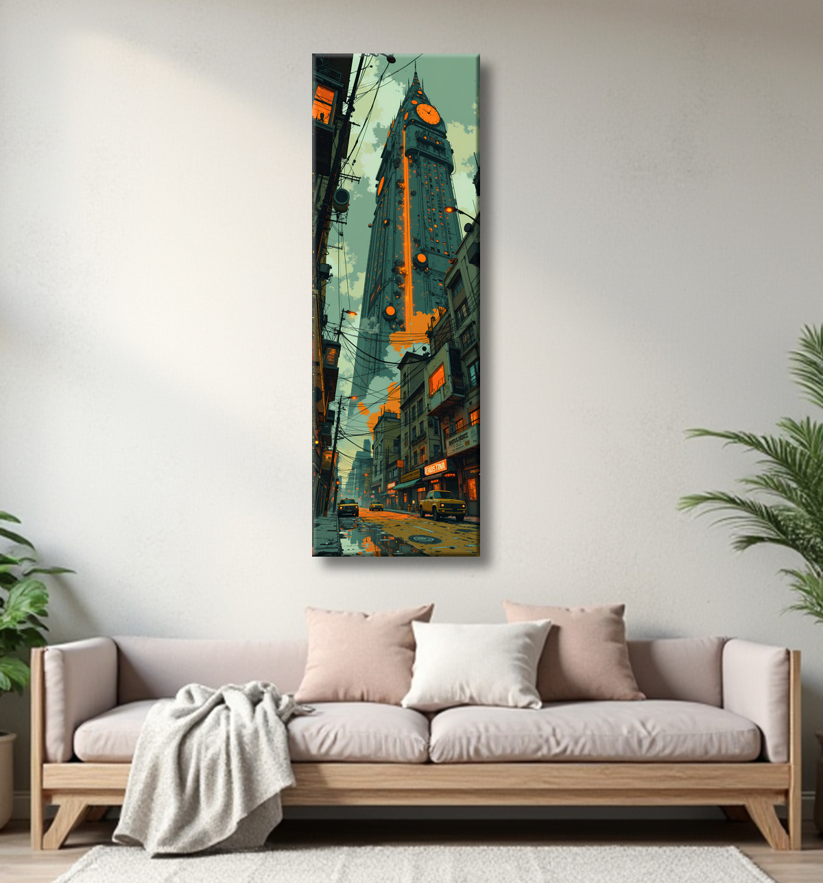 Tableau urbain futuriste dans un univers de science-fiction, sans référence à une ville existante. Architecture visionnaire et ambiance stylisée entre IA et bande dessinée.