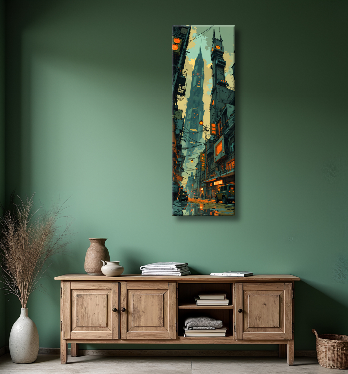 Tableau urbain futuriste dans un univers de science-fiction, sans référence à une ville existante. Architecture visionnaire et ambiance stylisée entre IA et bande dessinée.