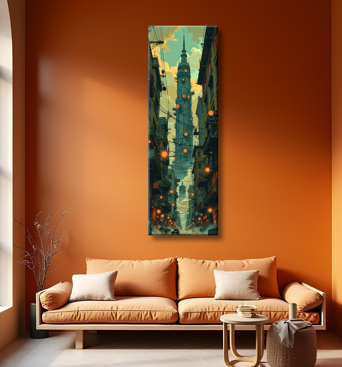 Tableau urbain futuriste dans un univers de science-fiction, sans référence à une ville existante. Architecture visionnaire et ambiance stylisée entre IA et bande dessinée.