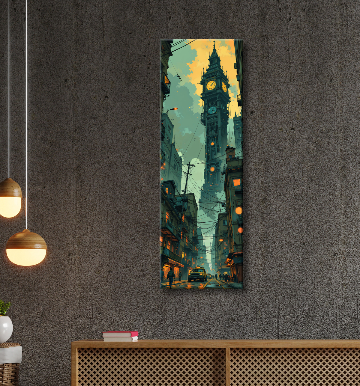 Tableau urbain futuriste dans un univers de science-fiction, sans référence à une ville existante. Architecture visionnaire et ambiance stylisée entre IA et bande dessinée.