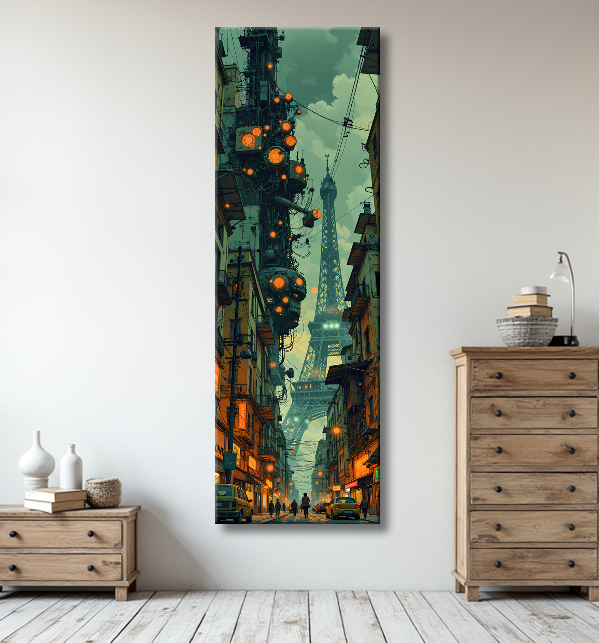 Tableau urbain futuriste dans un univers de science-fiction, sans référence à une ville existante. Architecture visionnaire et ambiance stylisée entre IA et bande dessinée.