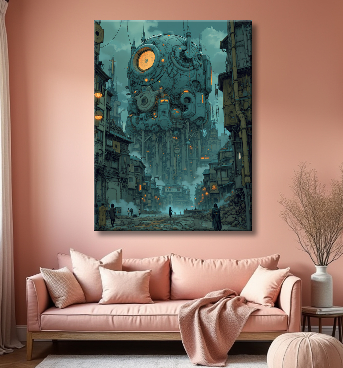 Tableau urbain futuriste dans un univers de science-fiction, sans référence à une ville existante. Architecture visionnaire et ambiance stylisée entre IA et bande dessinée.