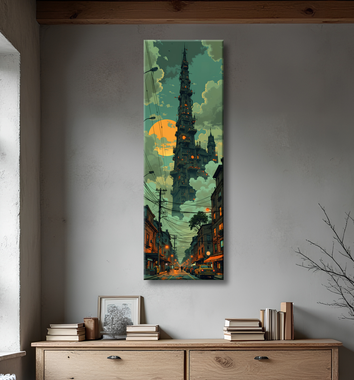Tableau paysage urbain science-fiction avec decor