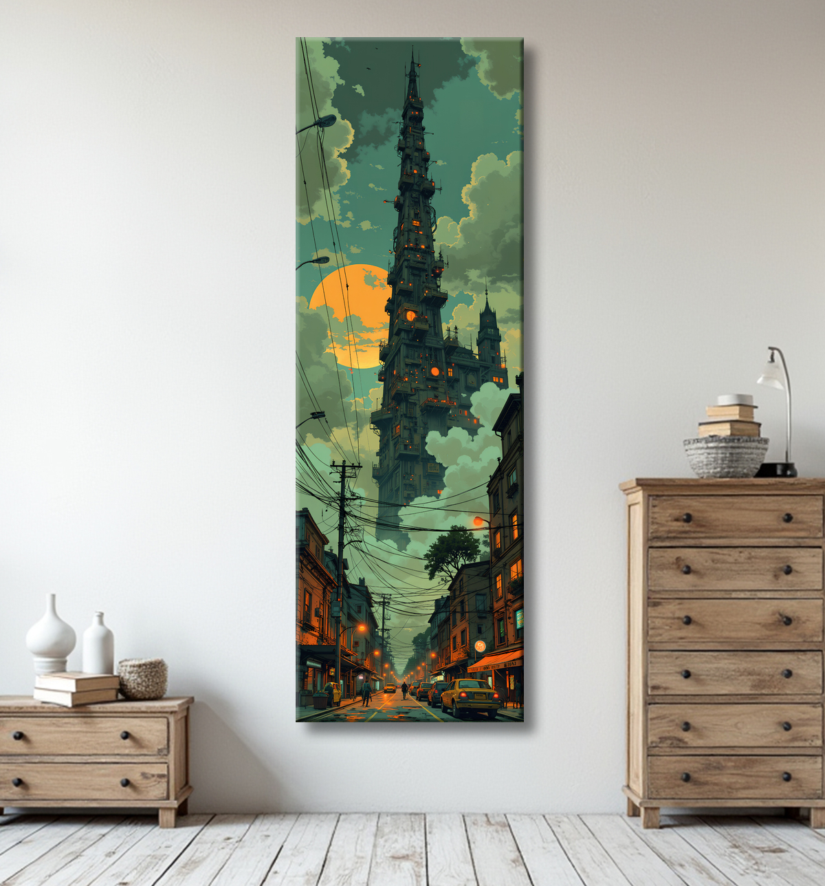 Tableau urbain futuriste dans un univers de science-fiction, sans référence à une ville existante. Architecture visionnaire et ambiance stylisée entre IA et bande dessinée.