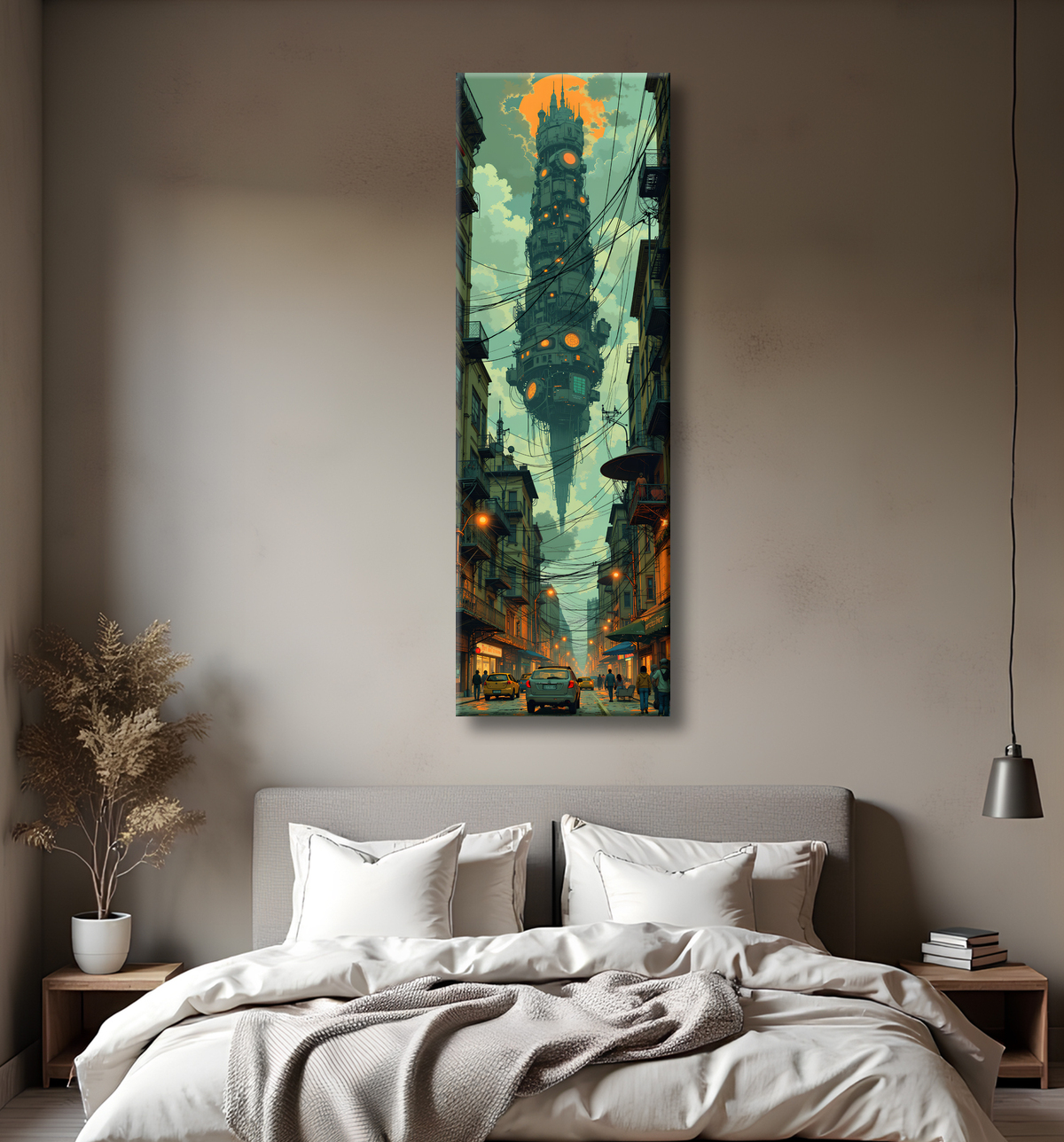 Tableau urbain futuriste dans un univers de science-fiction, sans référence à une ville existante. Architecture visionnaire et ambiance stylisée entre IA et bande dessinée.