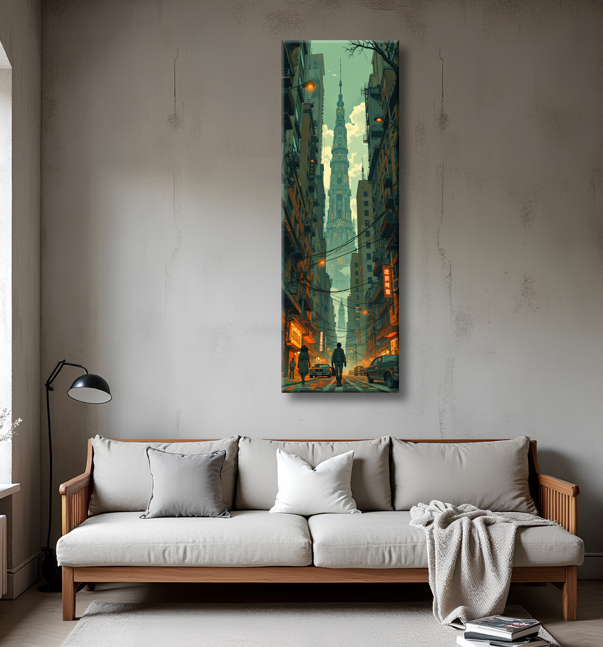 Tableau urbain futuriste dans un univers de science-fiction, sans référence à une ville existante. Architecture visionnaire et ambiance stylisée entre IA et bande dessinée.