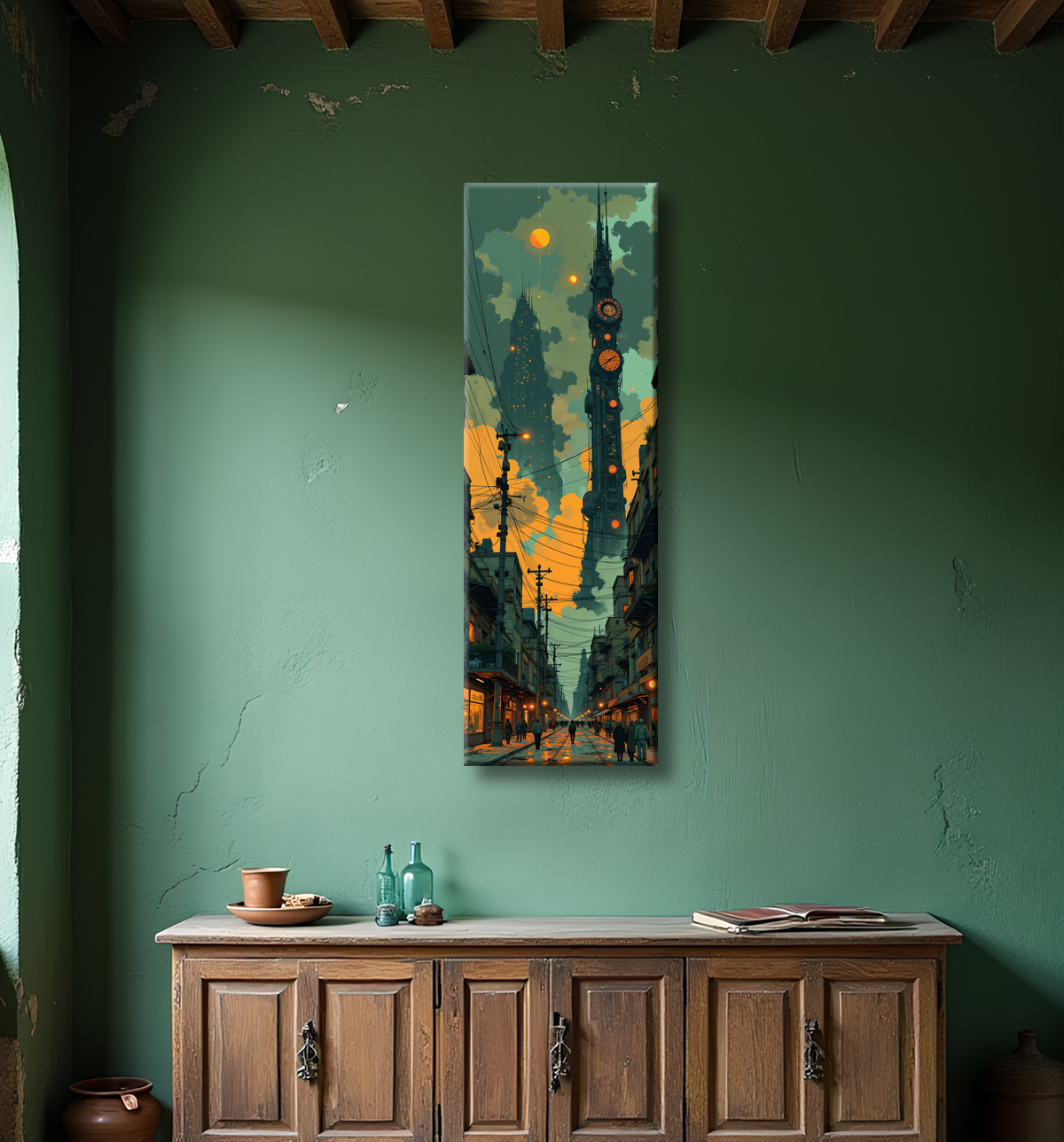 Tableau urbain futuriste dans un univers de science-fiction, sans référence à une ville existante. Architecture visionnaire et ambiance stylisée entre IA et bande dessinée.