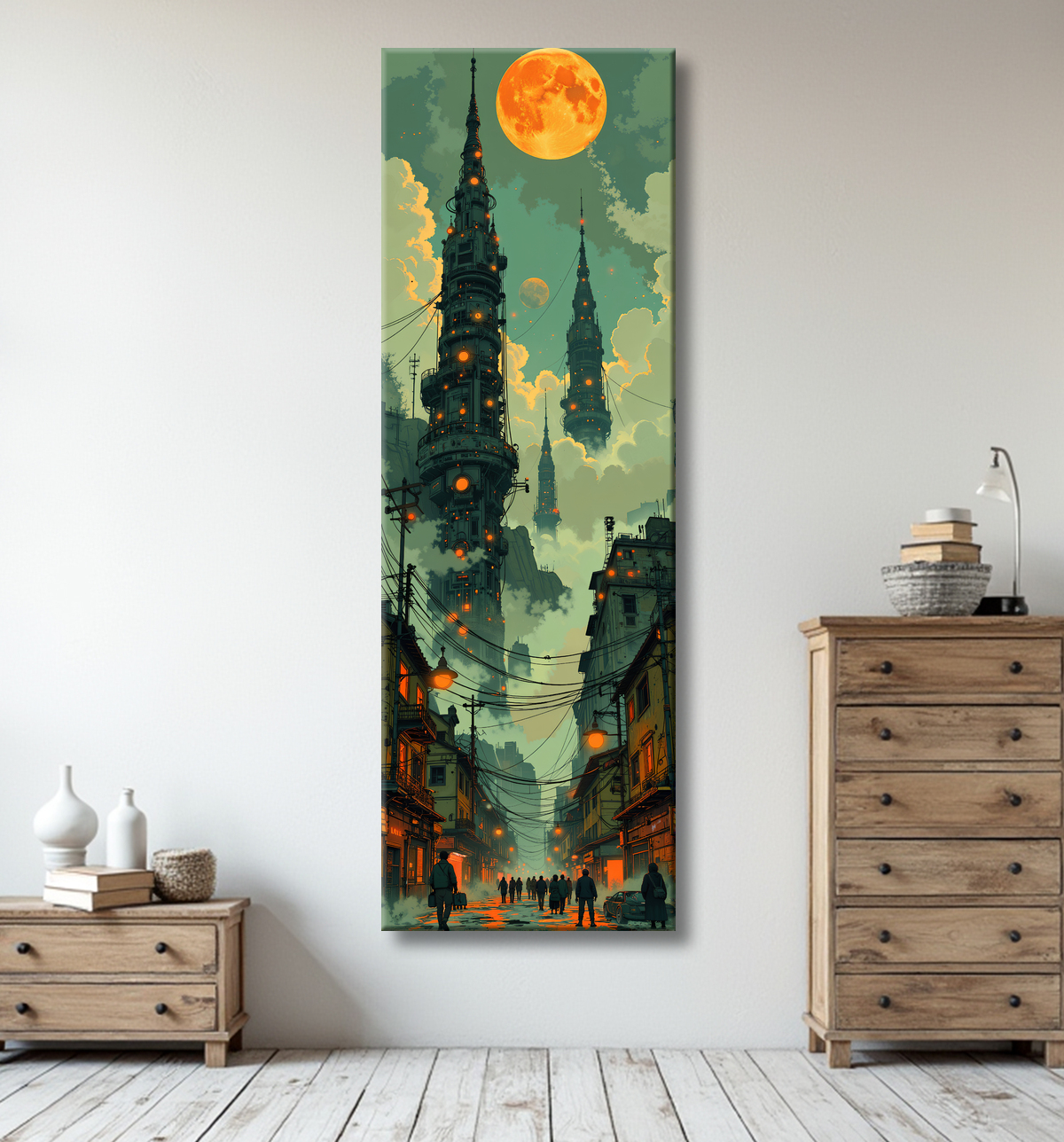 Tableau urbain futuriste dans un univers de science-fiction, sans référence à une ville existante. Architecture visionnaire et ambiance stylisée entre IA et bande dessinée.