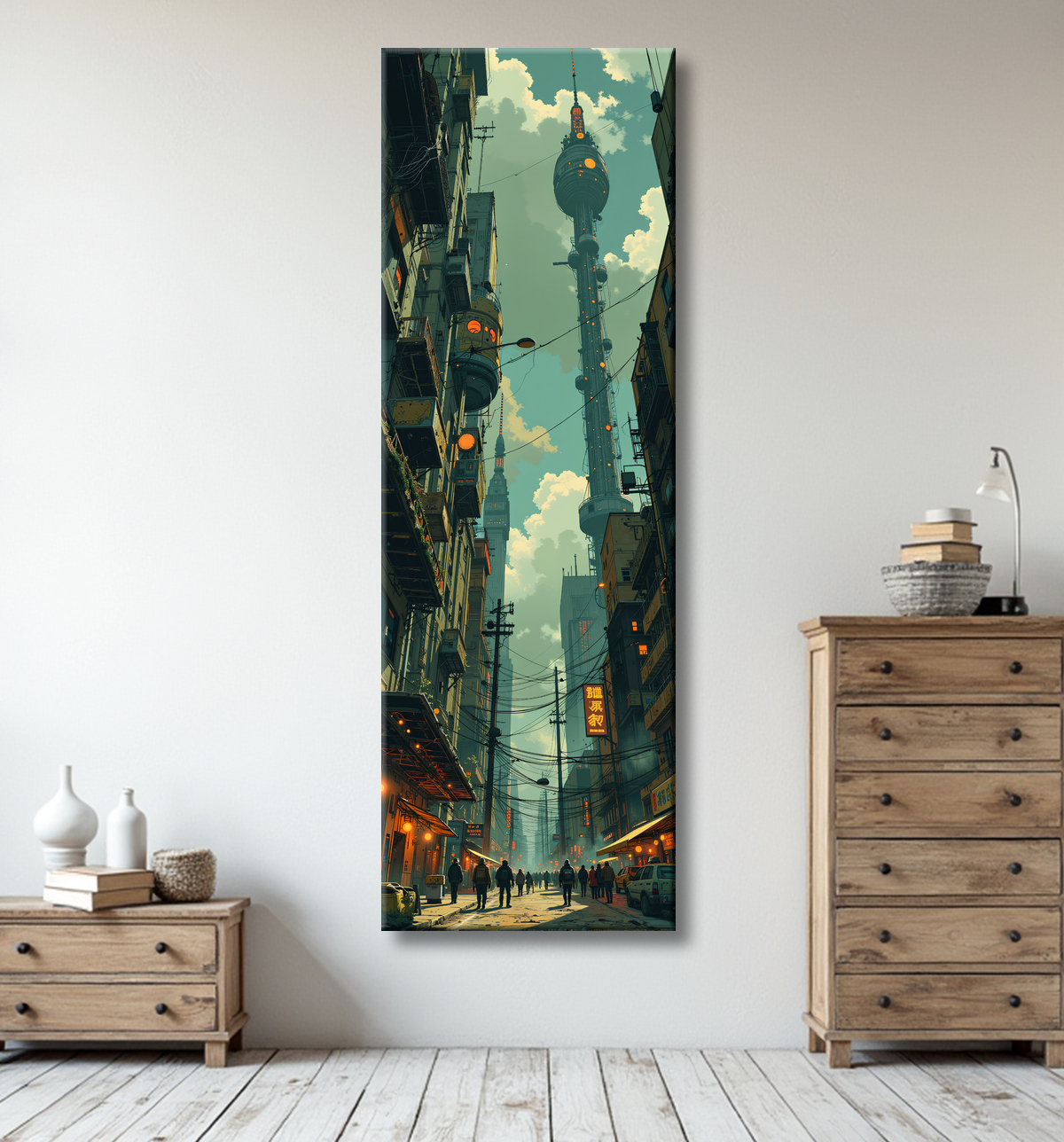 Tableau urbain futuriste dans un univers de science-fiction, sans référence à une ville existante. Architecture visionnaire et ambiance stylisée entre IA et bande dessinée.