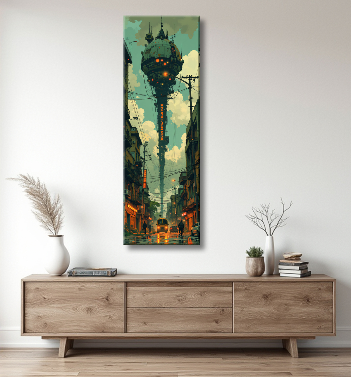 Tableau urbain futuriste dans un univers de science-fiction, sans référence à une ville existante. Architecture visionnaire et ambiance stylisée entre IA et bande dessinée.