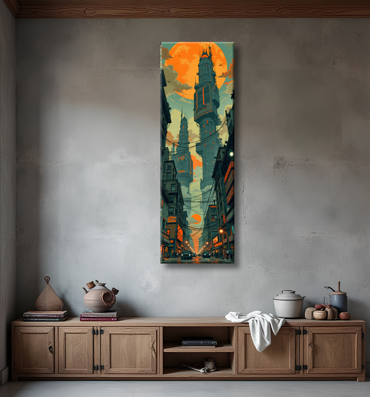 Tableau urbain futuriste dans un univers de science-fiction, sans référence à une ville existante. Architecture visionnaire et ambiance stylisée entre IA et bande dessinée.