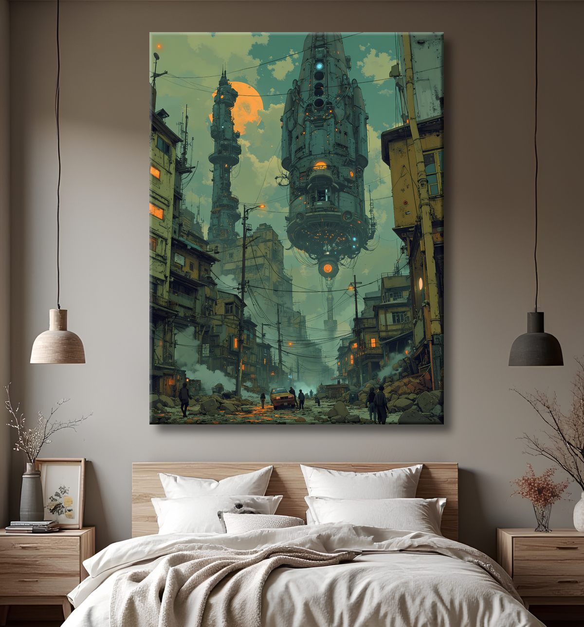 Tableau urbain futuriste dans un univers de science-fiction, sans référence à une ville existante. Architecture visionnaire et ambiance stylisée entre IA et bande dessinée.