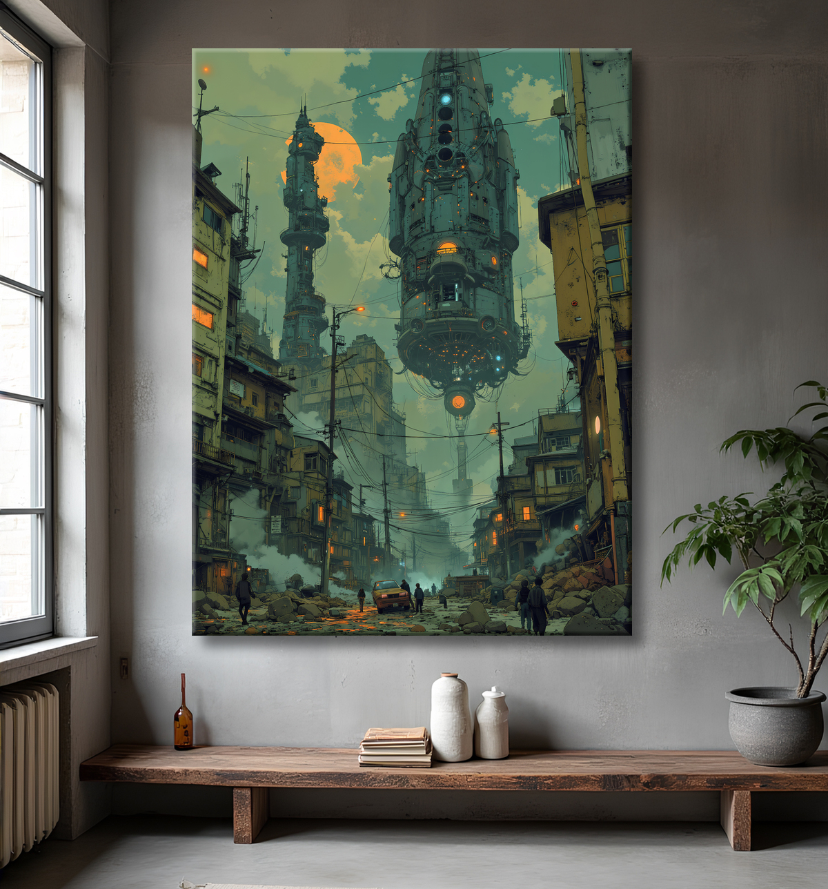 Tableau paysage urbain science-fiction avec decor