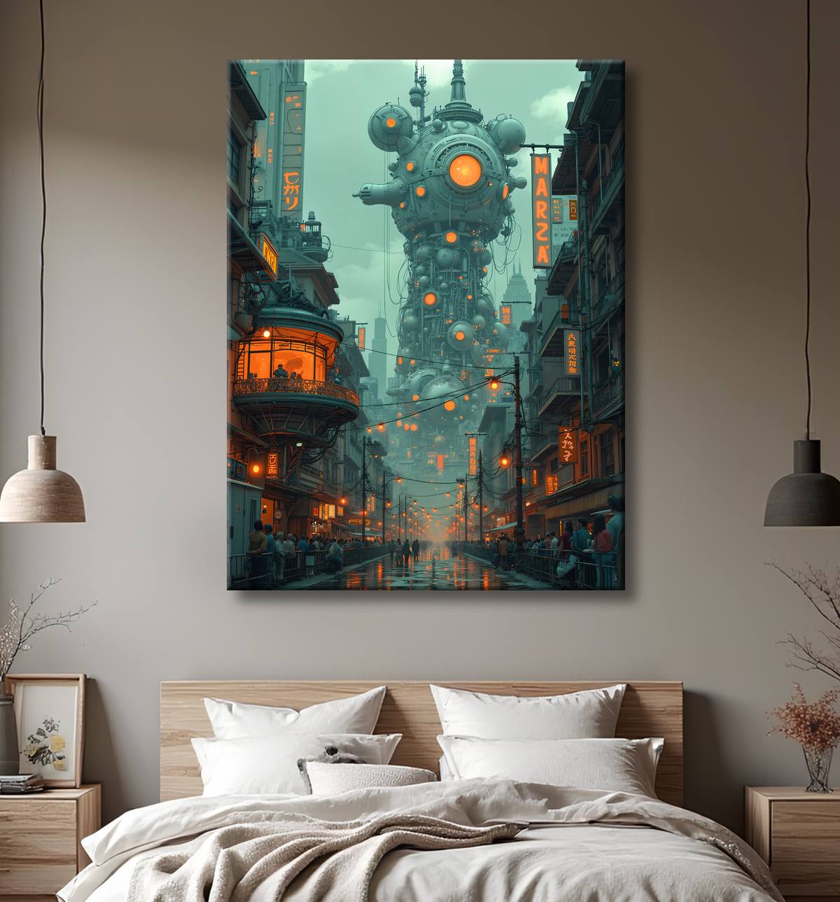 Tableau urbain futuriste dans un univers de science-fiction, sans référence à une ville existante. Architecture visionnaire et ambiance stylisée entre IA et bande dessinée.