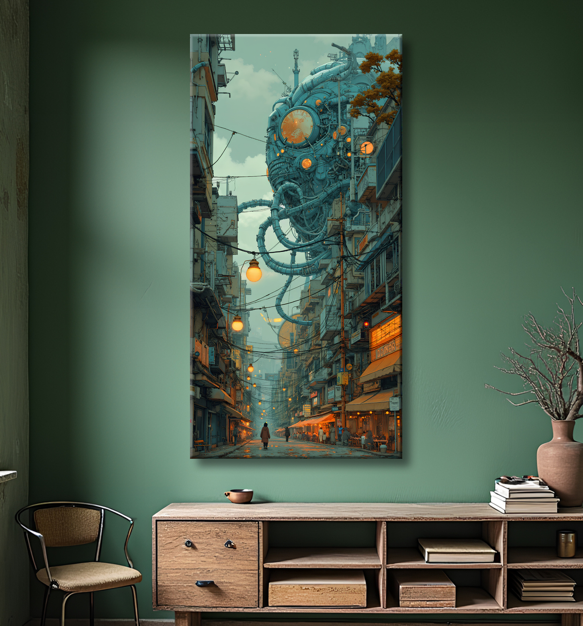 Tableau urbain futuriste dans un univers de science-fiction, sans référence à une ville existante. Architecture visionnaire et ambiance stylisée entre IA et bande dessinée.