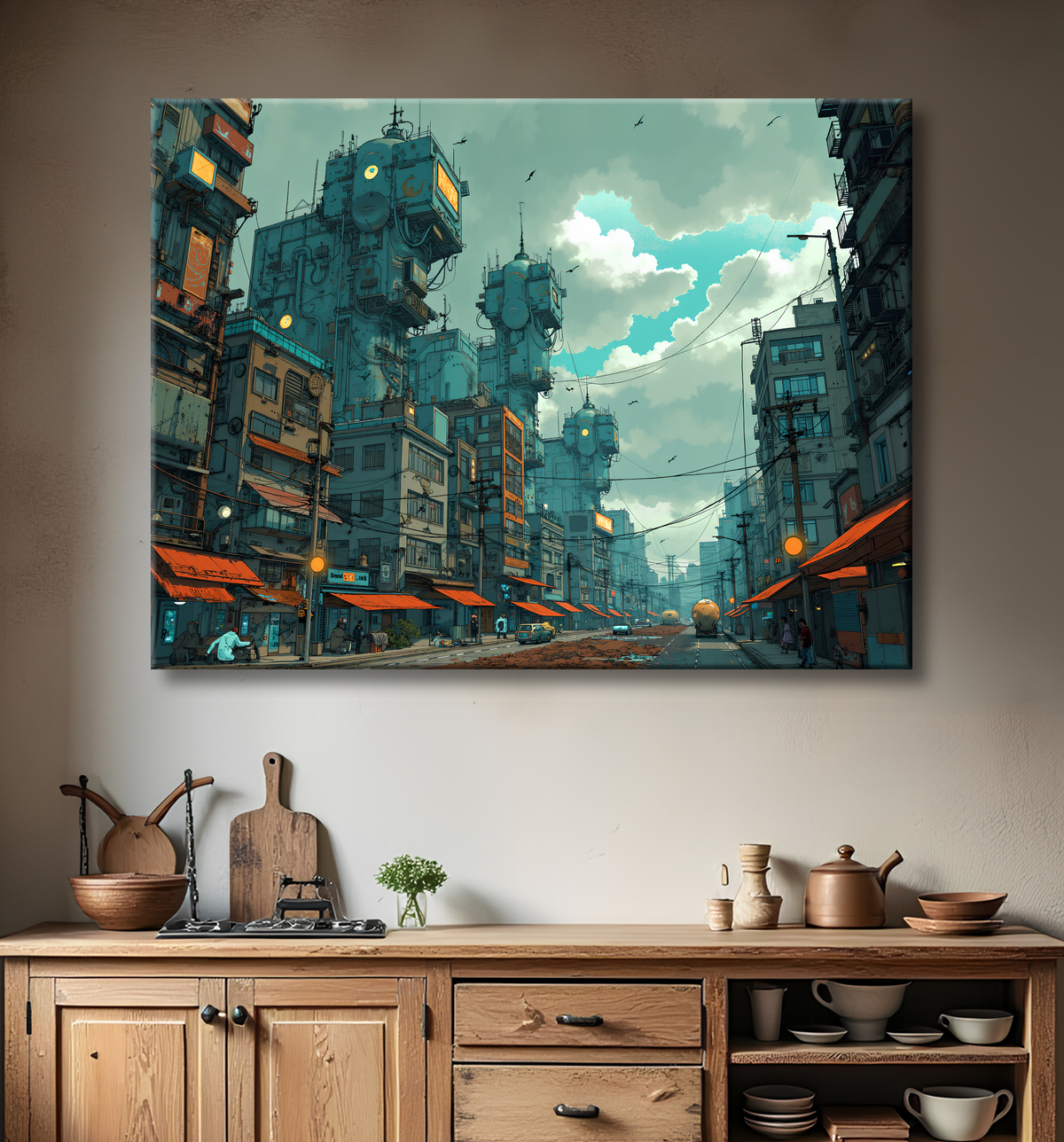 Tableau paysage urbain science-fiction avec decor