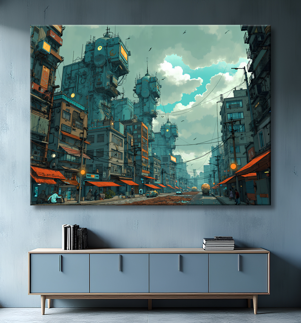 Tableau urbain futuriste dans un univers de science-fiction, sans référence à une ville existante. Architecture visionnaire et ambiance stylisée entre IA et bande dessinée.