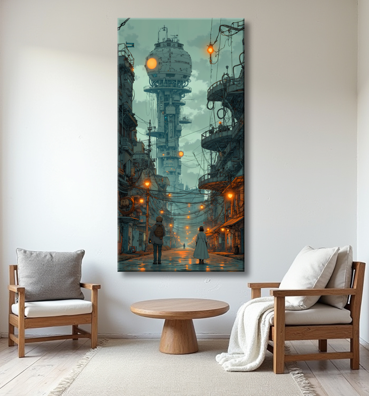 Tableau paysage urbain science-fiction avec decor
