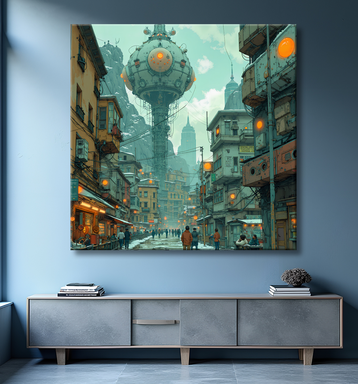 Tableau paysage urbain science-fiction avec decor