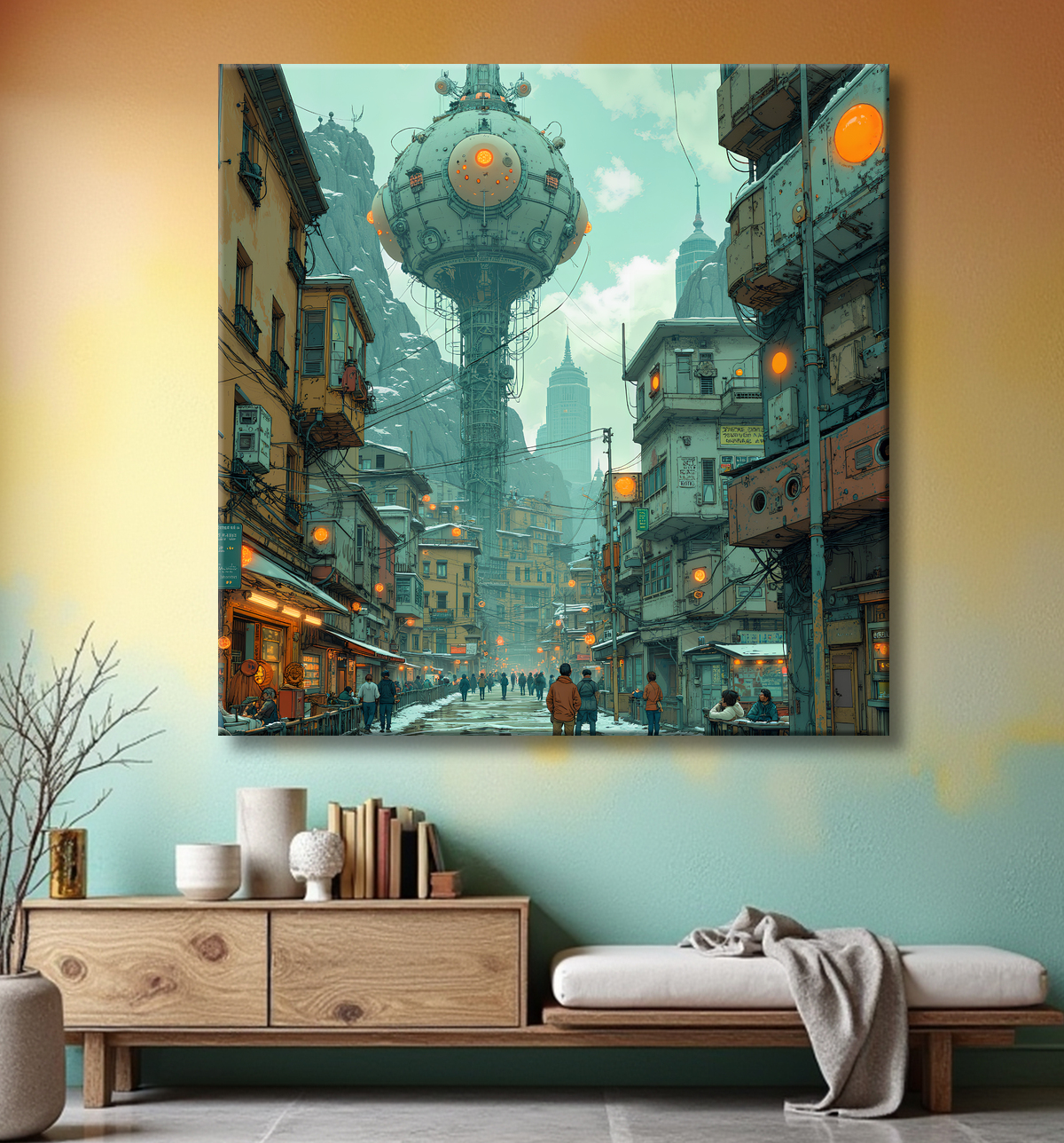 Tableau paysage urbain science-fiction avec decor