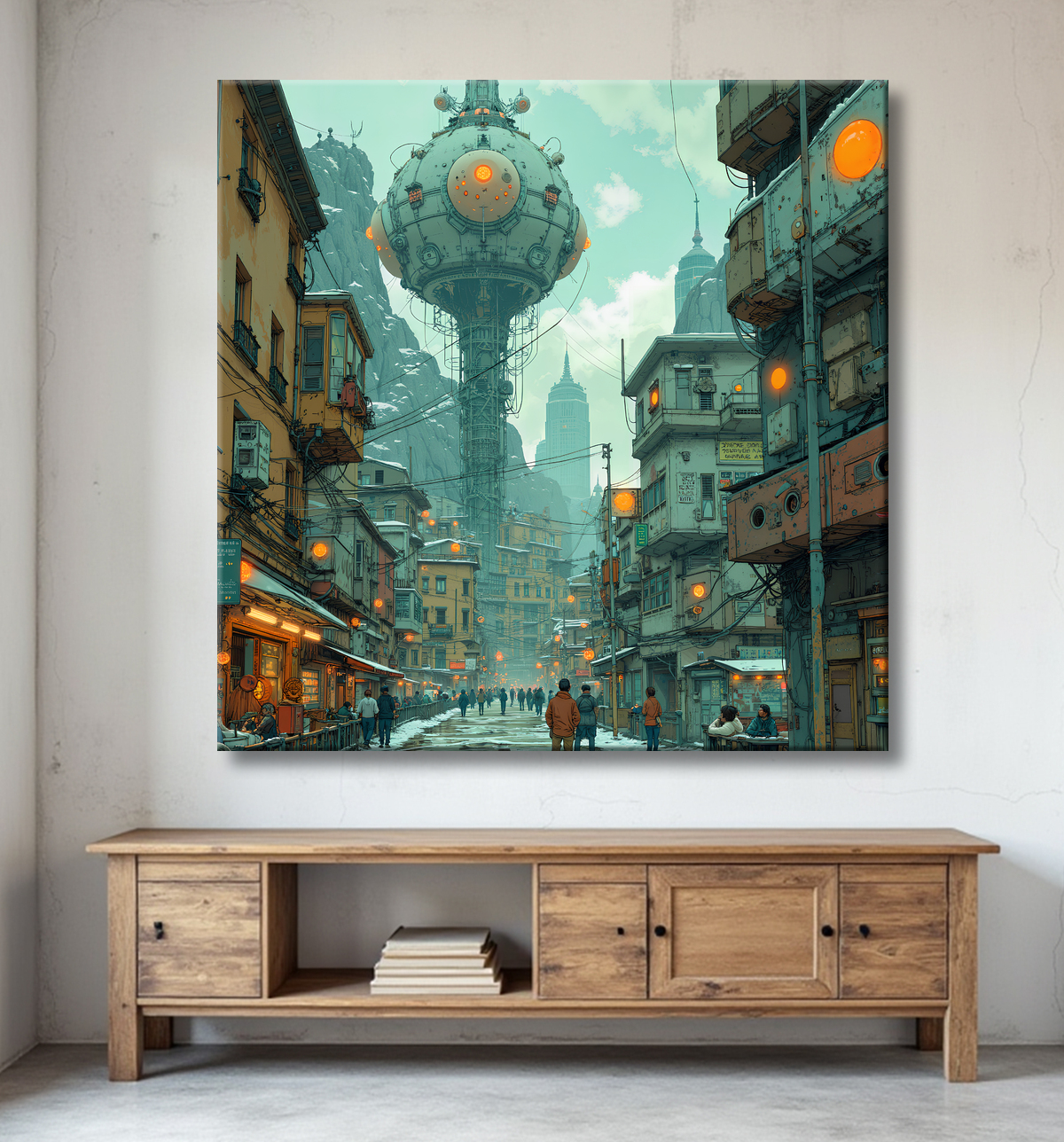 Tableau urbain futuriste dans un univers de science-fiction, sans référence à une ville existante. Architecture visionnaire et ambiance stylisée entre IA et bande dessinée.