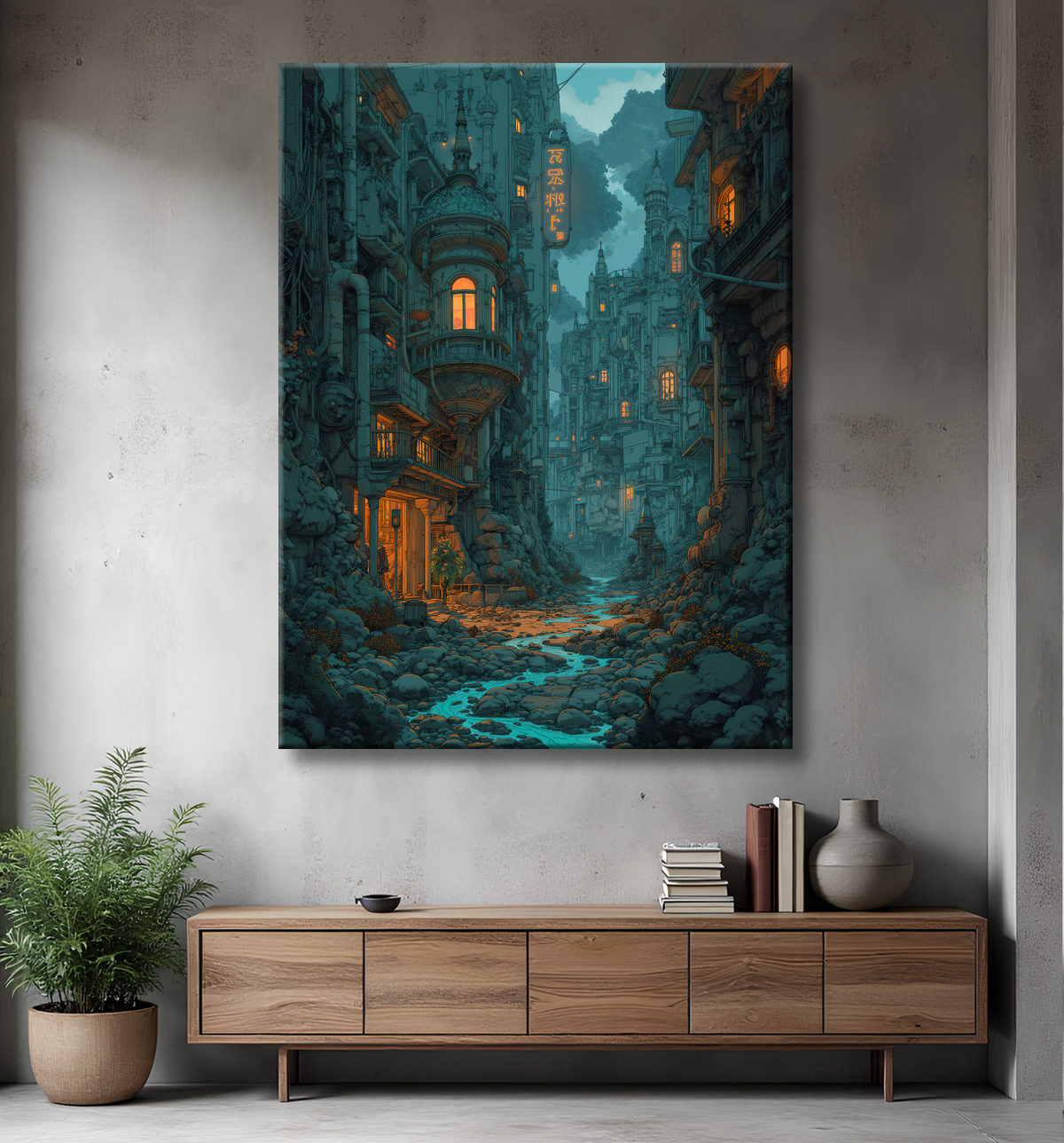 Tableau paysage urbain science-fiction avec decor
