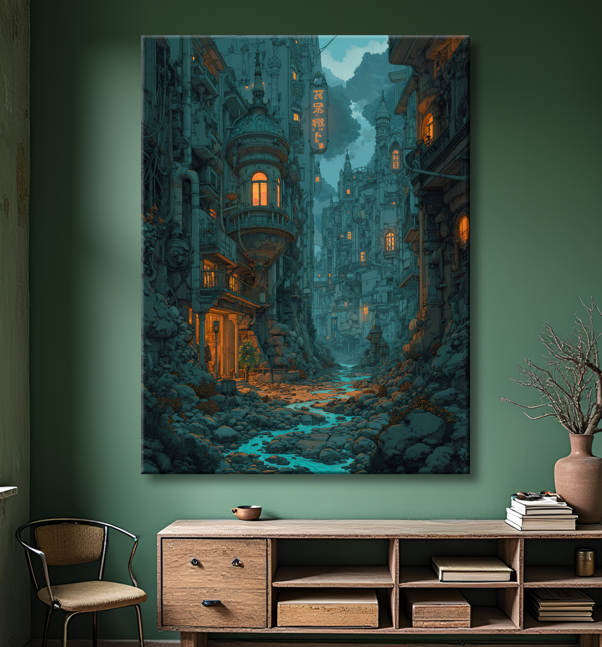 Tableau urbain futuriste dans un univers de science-fiction, sans référence à une ville existante. Architecture visionnaire et ambiance stylisée entre IA et bande dessinée.