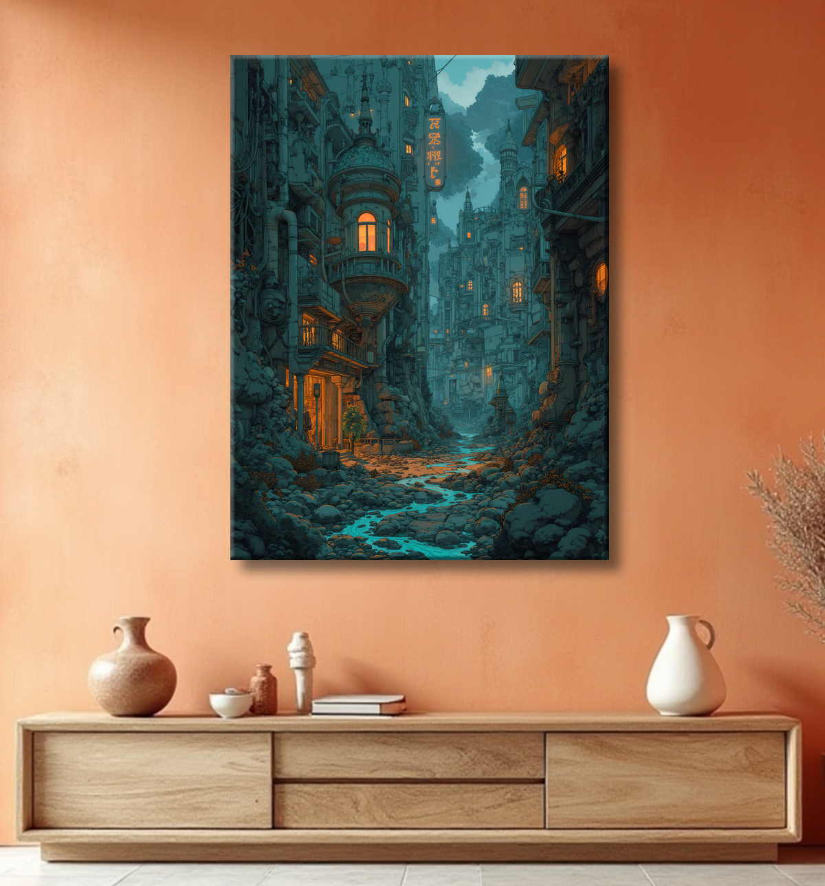 Tableau paysage urbain science-fiction avec decor