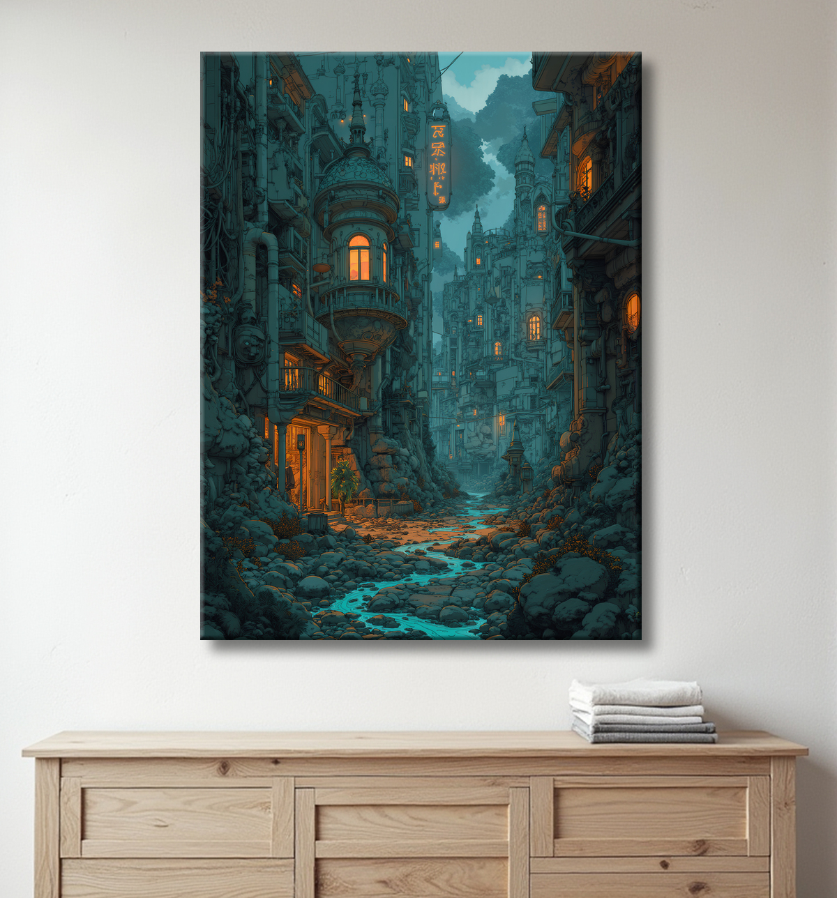 Tableau paysage urbain science-fiction avec decor