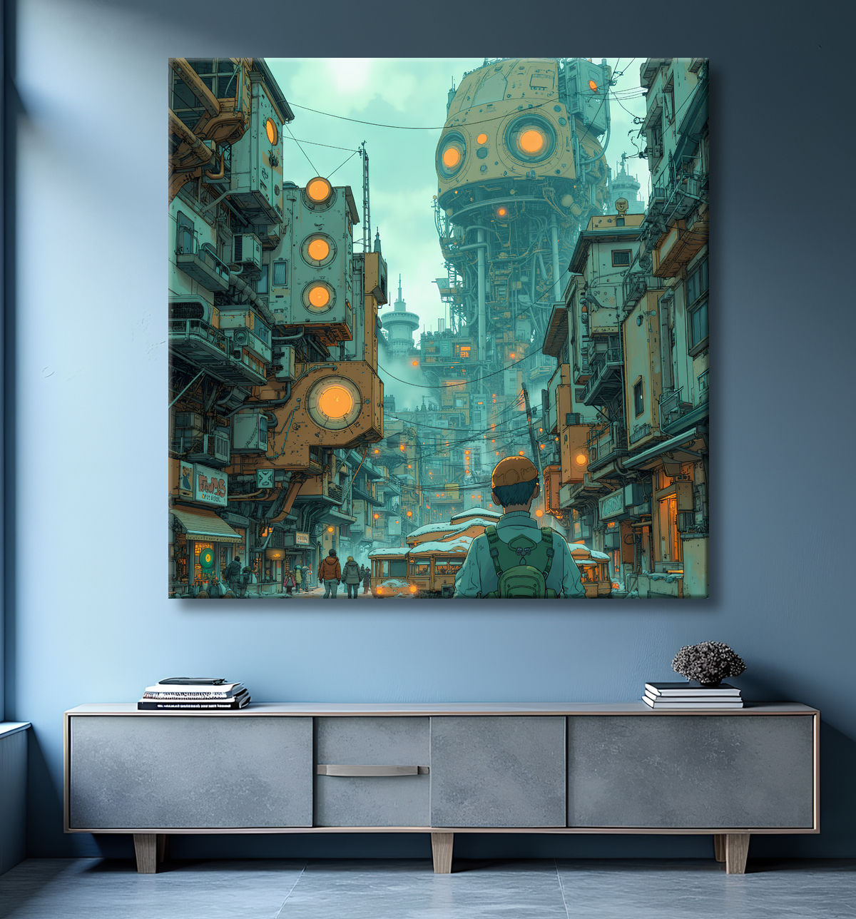 Tableau urbain futuriste dans un univers de science-fiction, sans référence à une ville existante. Architecture visionnaire et ambiance stylisée entre IA et bande dessinée.