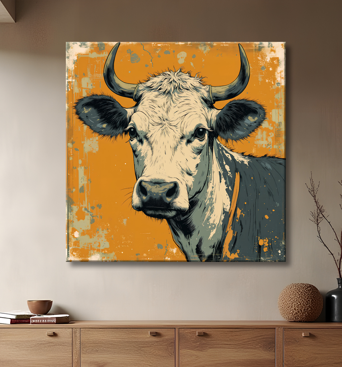 Tableau vache | Peinture moderne expressive vache avec decor