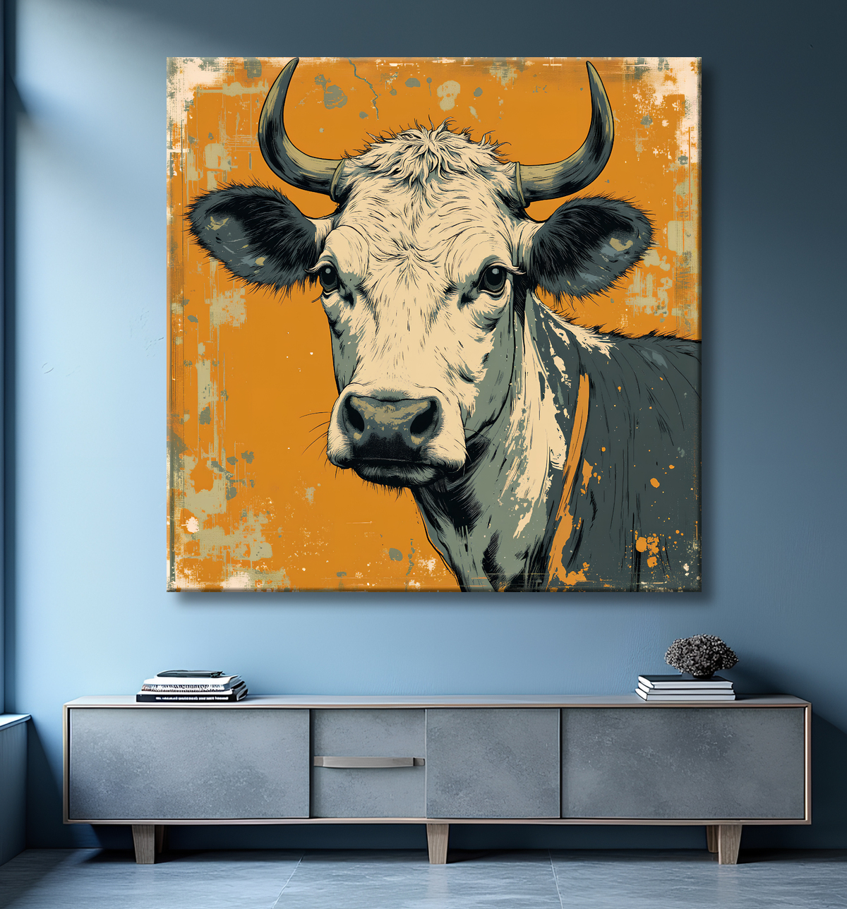 Tableau vache | Peinture moderne expressive vache avec decor