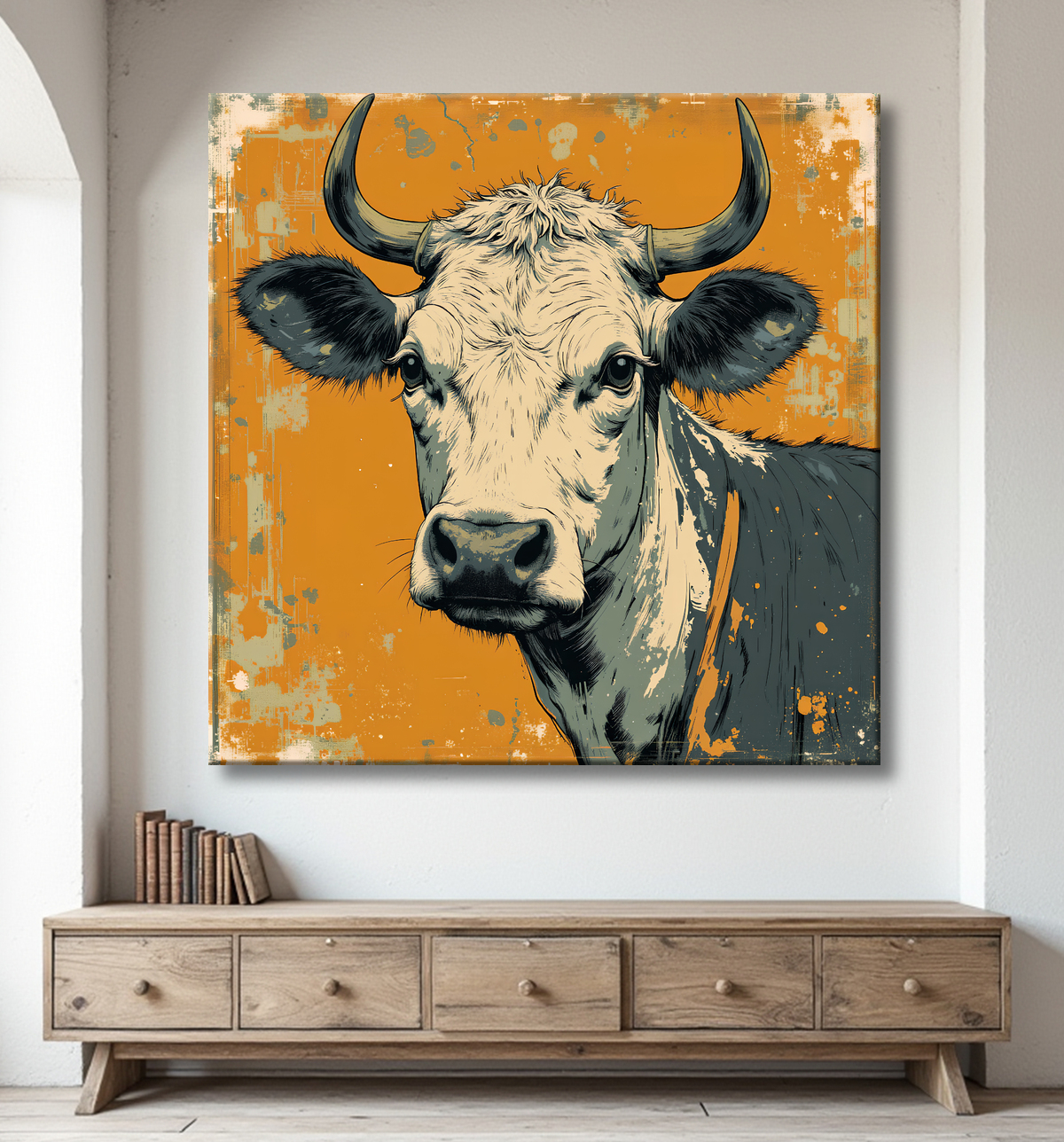 Tableau vache | Peinture moderne expressive vache avec decor