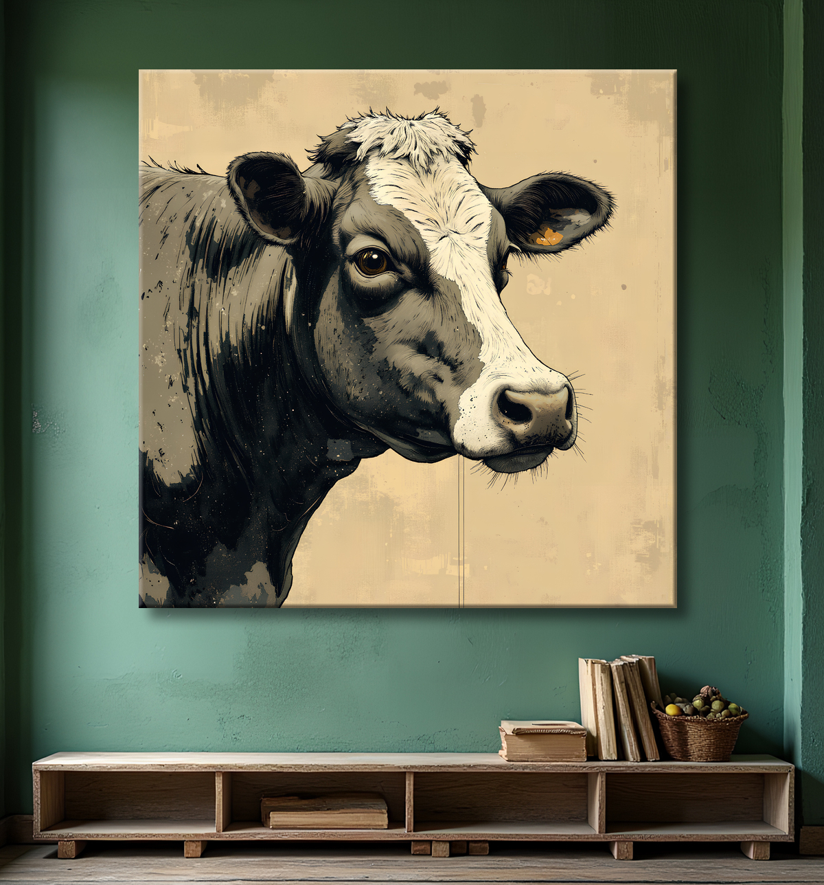 Tableau vache | Peinture moderne expressive vache avec decor