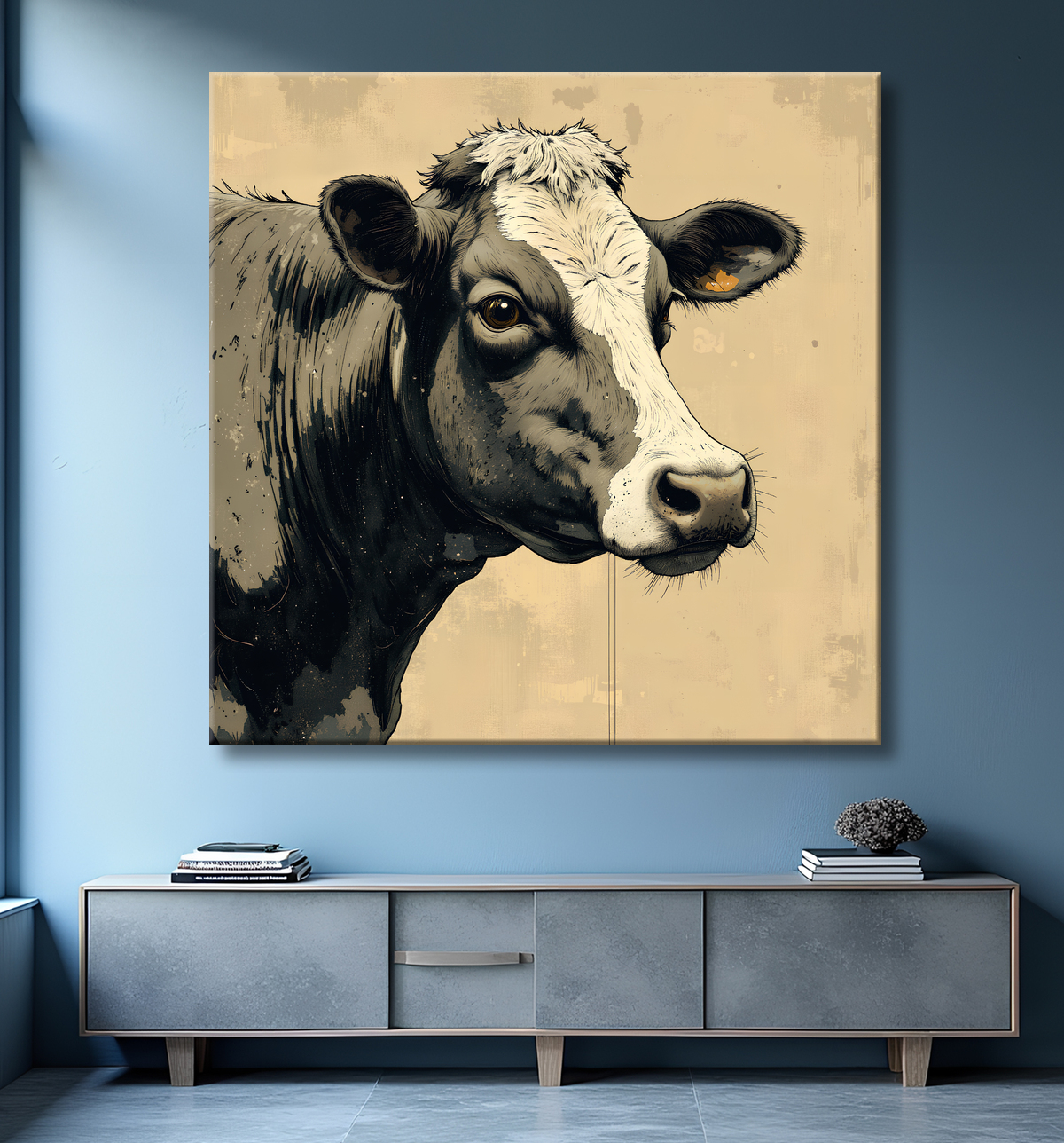 Tableau vache | Peinture moderne expressive vache avec decor