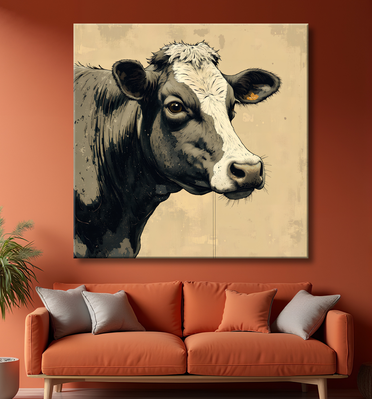 Tableau vache | Peinture moderne expressive vache avec decor