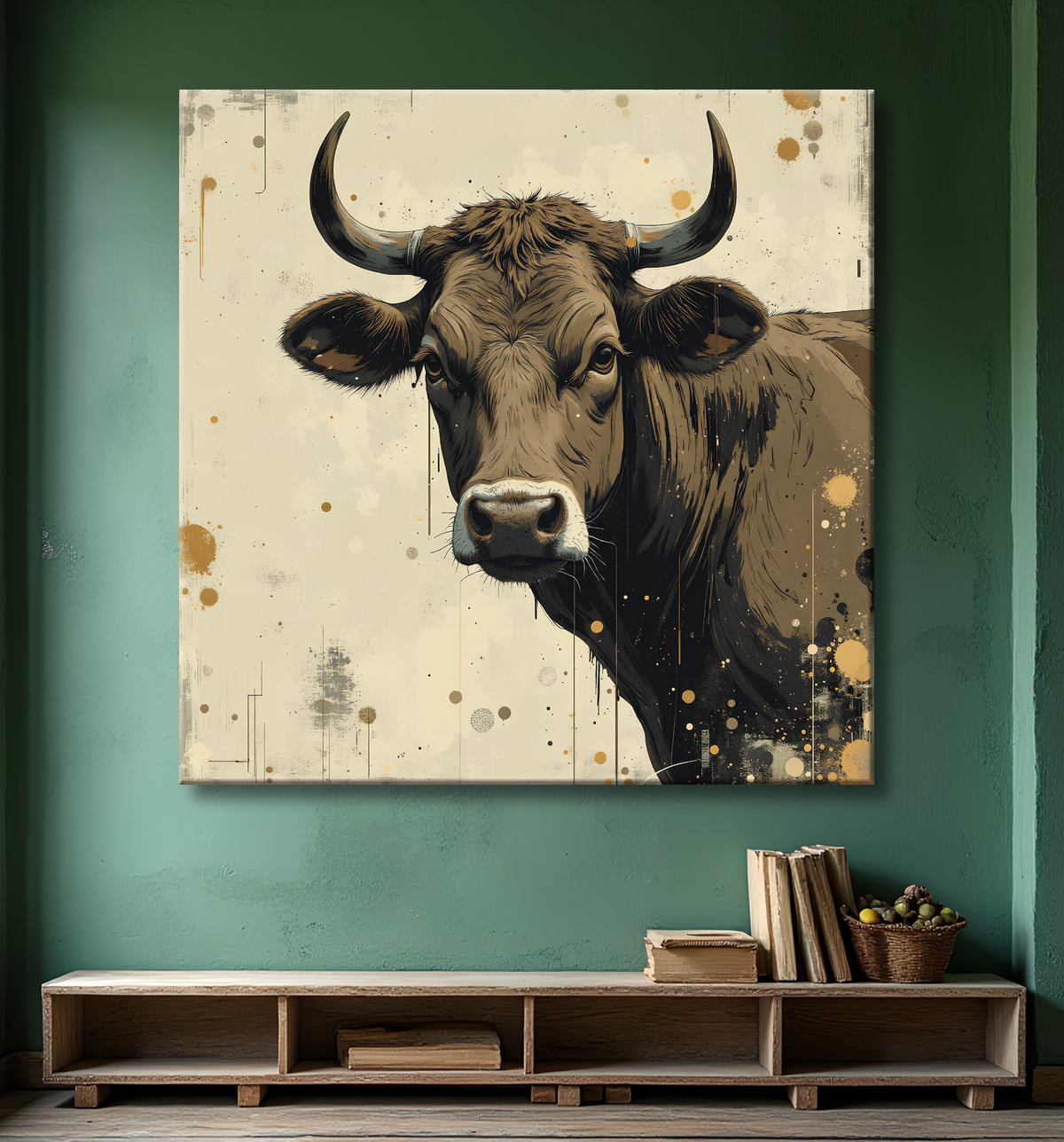 Tableau vache | Peinture moderne expressive vache avec decor