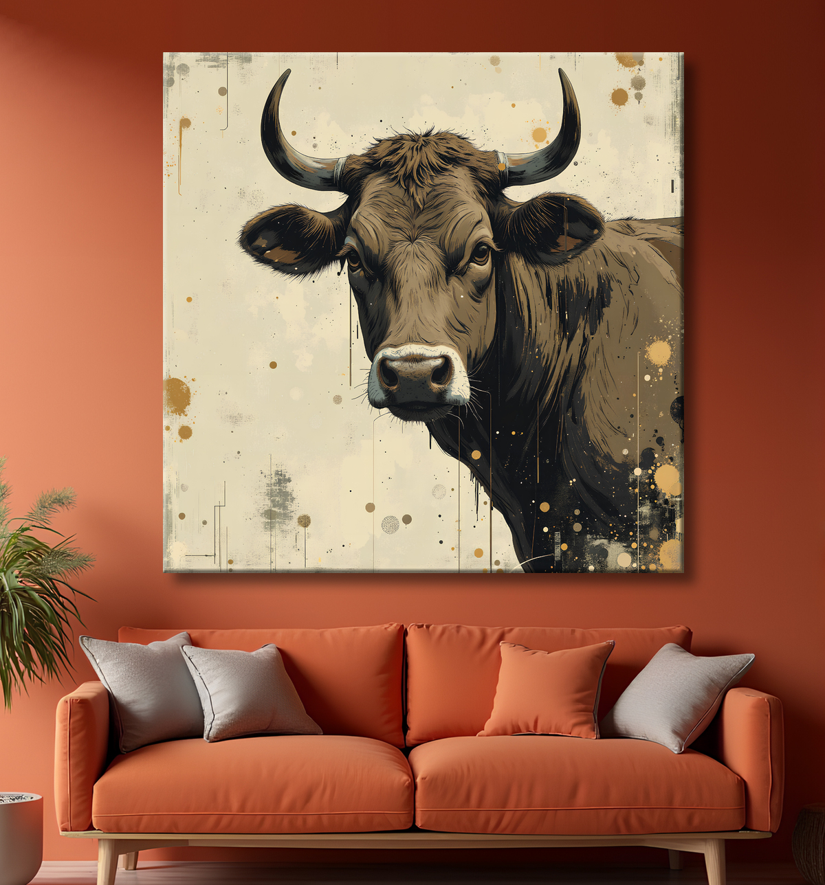 Tableau vache | Peinture moderne expressive vache avec decor