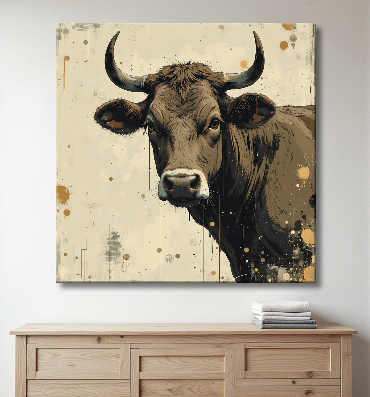 Tableau vache | Peinture moderne expressive vache avec decor