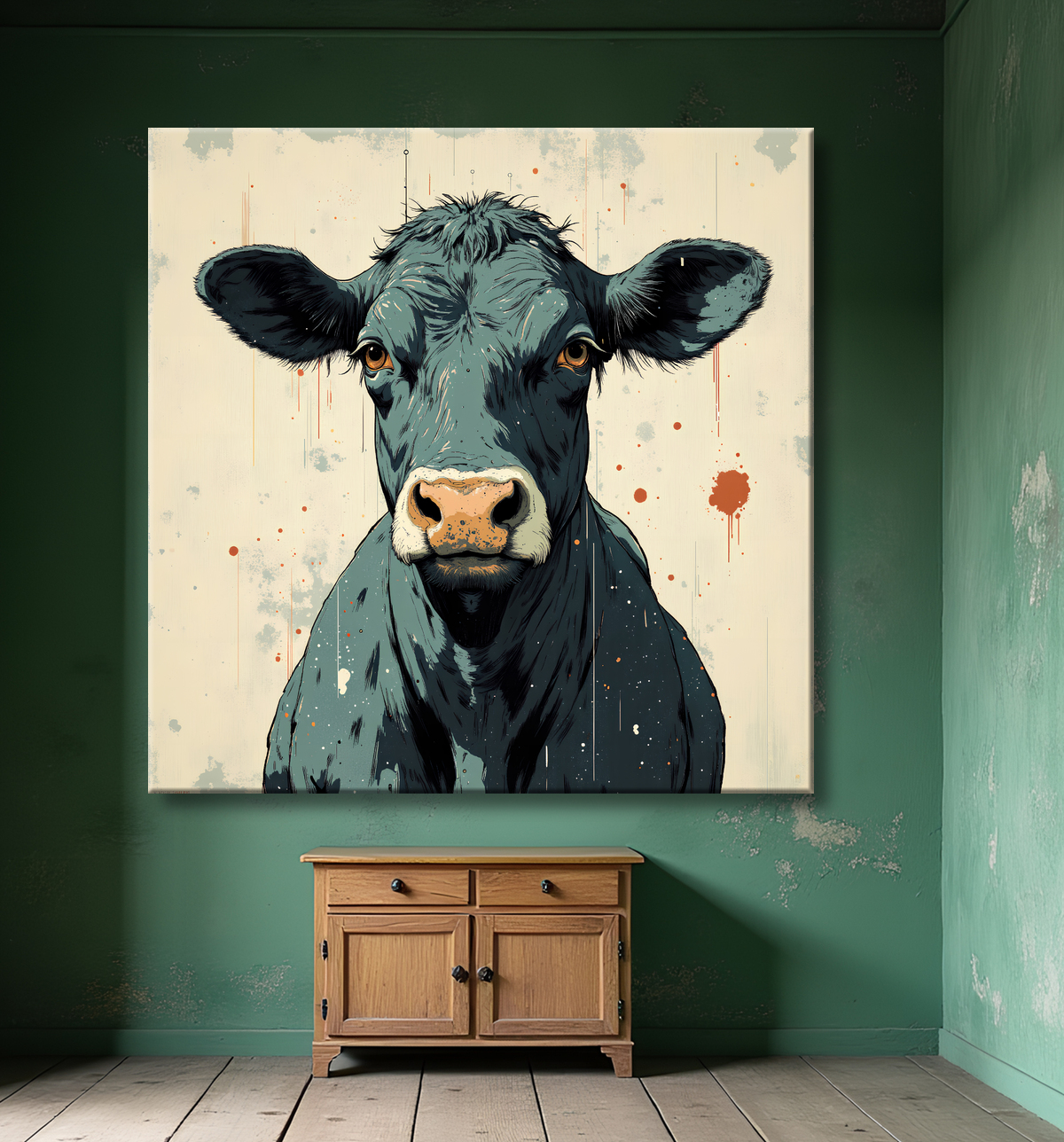 Tableau vache | Peinture moderne expressive vache avec decor