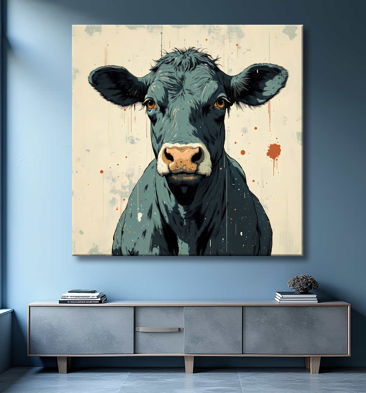 Tableau vache | Peinture moderne expressive vache avec decor