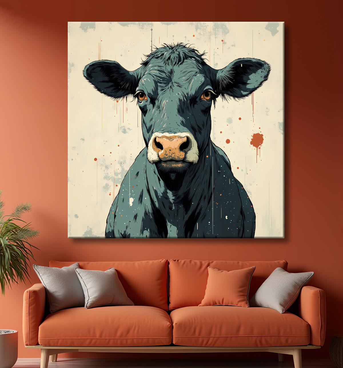 Tableau vache | Peinture moderne expressive vache avec decor
