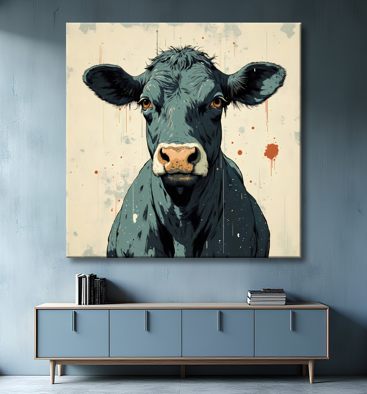 Tableau vache | Peinture moderne expressive vache avec decor