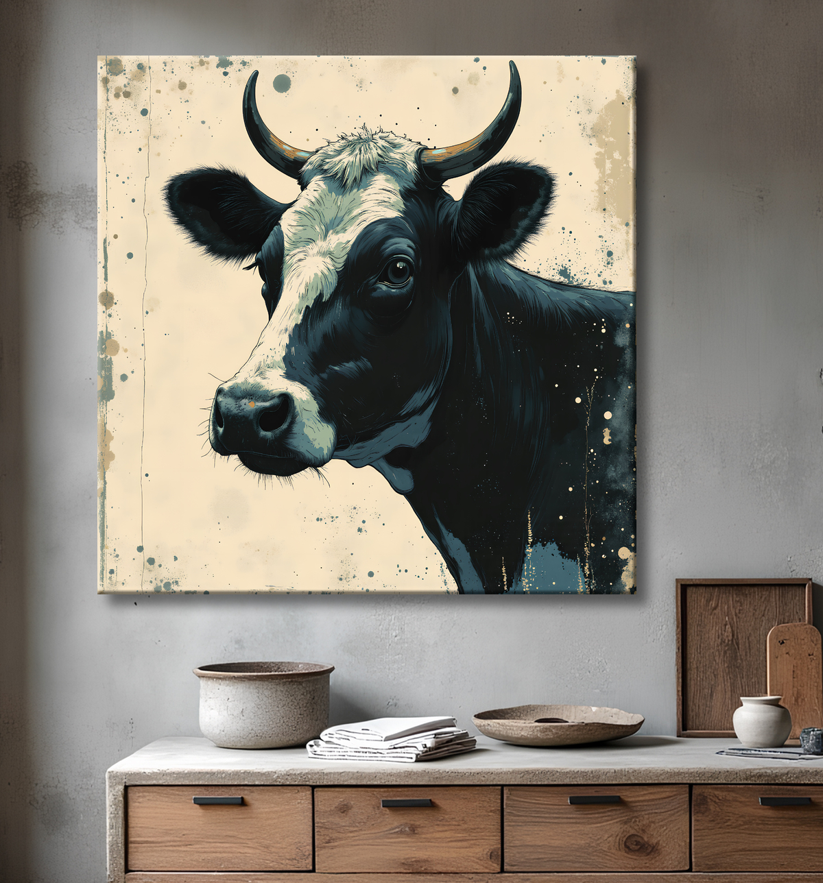 Tableau vache | Peinture moderne expressive vache avec decor