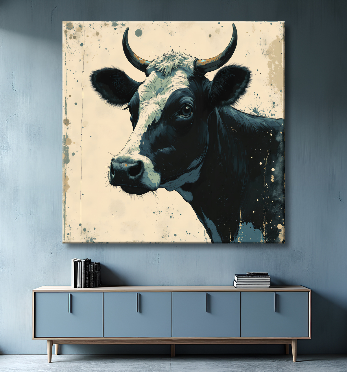 Tableau vache | Peinture moderne expressive vache avec decor