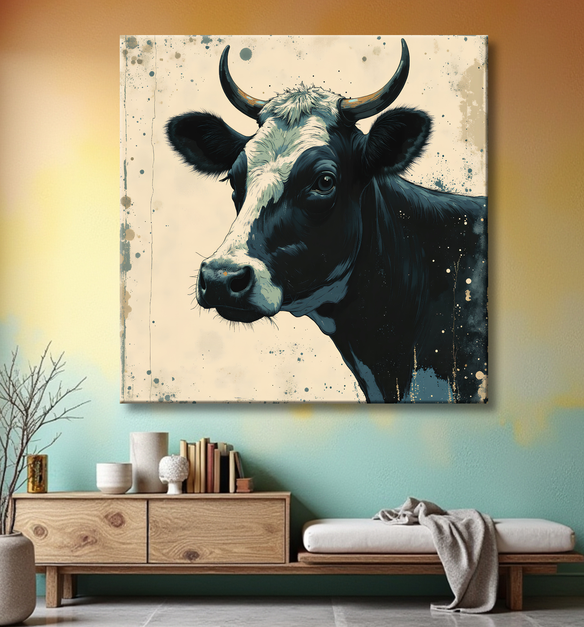 Tableau vache | Peinture moderne expressive vache avec decor