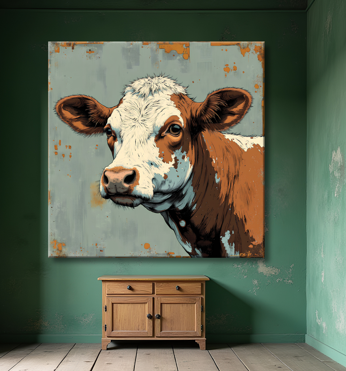 Tableau vache | Peinture moderne expressive vache avec decor