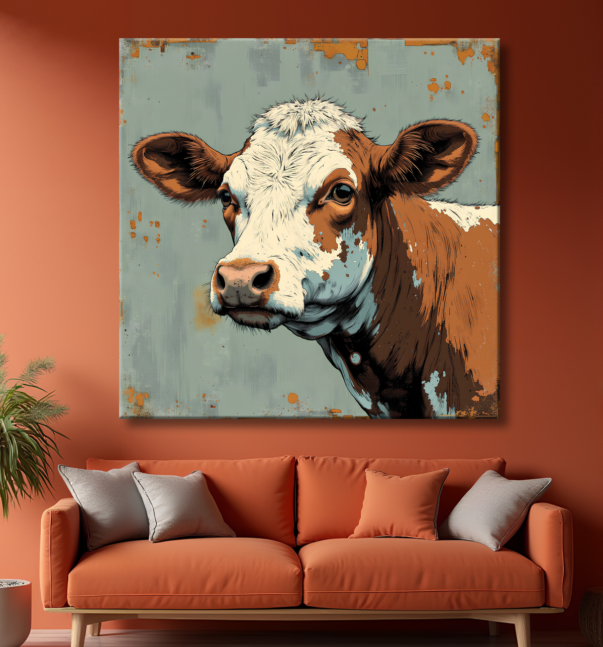 Tableau vache | Peinture moderne expressive vache avec decor
