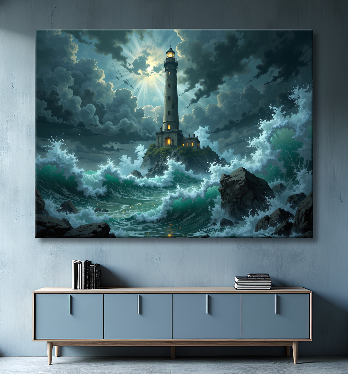 Tableau phare en tempête : illustration fantastique et impressionnante avec decor